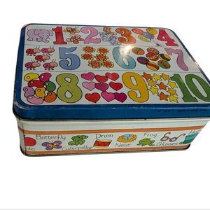 Vintage Rainbow Alphabet Number Cartoon Graphic Metal‎ Tin Storage